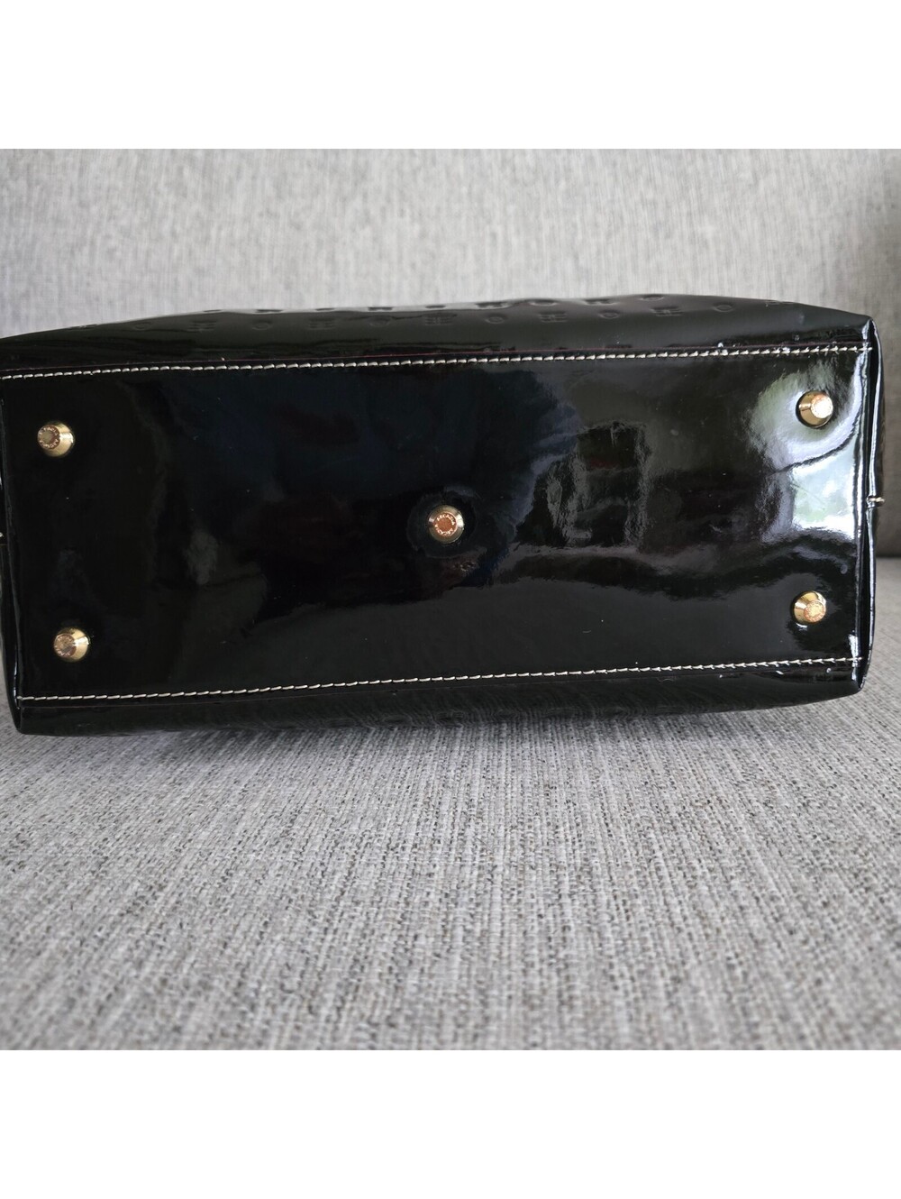 Arcadia Italy Black Patent Leather Embossed Logo Tote Handbag Gold Hardware - Picture 4 of 8